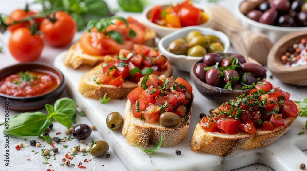 An eyecatching vibrant display of bruschetta artfully topped with fresh tomatoes, olives, and aromatic herbs An eyecatching vibrant display of bruschetta artfully topped with fresh tomatoes, olives, and aromatic herbs