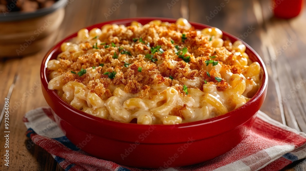 A bowl of rich, creamy mac and cheese with a golden, crispy top layer, offering a cheesy A bowl of rich, creamy mac and cheese with a golden, crispy top layer, offering a cheesy