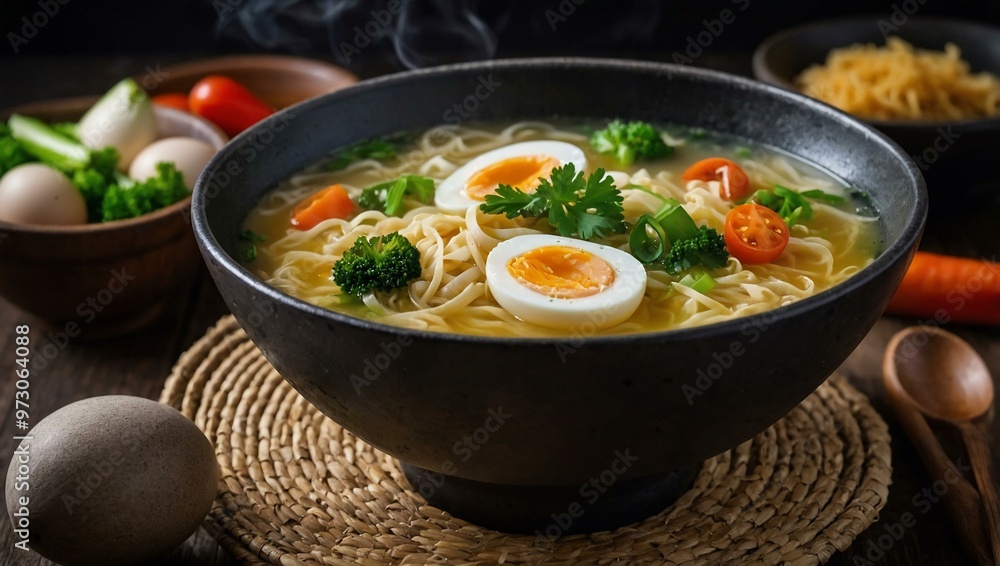 Delicious egg drop soup with noodles and vegetables. Delicious egg drop soup with noodles and vegetables.
