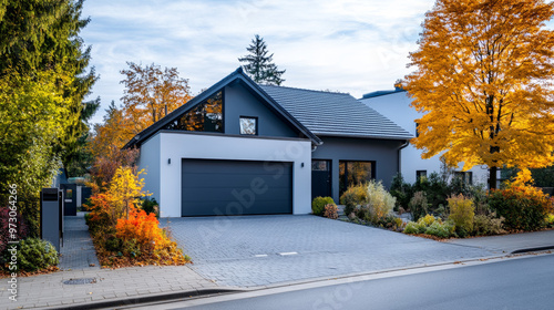 A modern, gray garage sits beside a stylish Scandinavian-style house in a German city. The garage is private and has an automatic door.