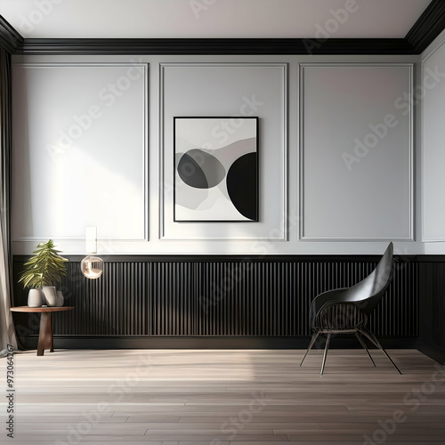modern interior design.A sleek, modern studio space with black wainscoting along the lower half of the walls, paired with a smooth white backdrop above, creating a minimalist and sophisticated interio