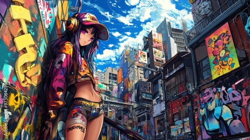 Beautiful anime girl depicted as a graffiti artist, with animation focusing on her vibrant street art and dynamic presence in a bustling city environment