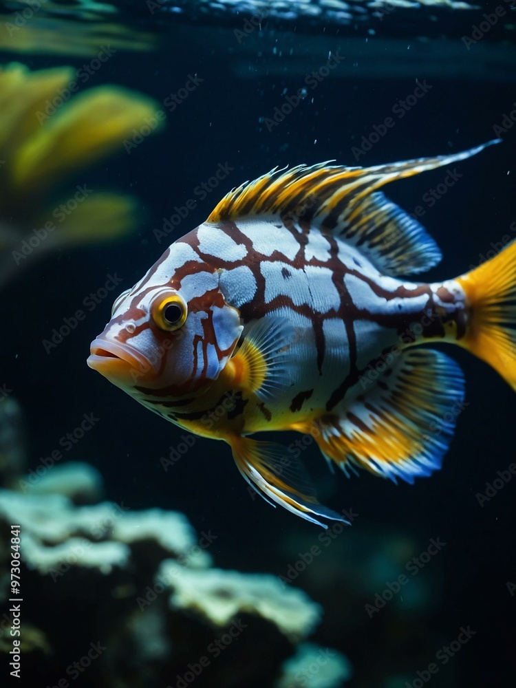 Detailed view of exotic fish swimming in an aquarium with dark water. Detailed view of exotic fish swimming in an aquarium with dark water.