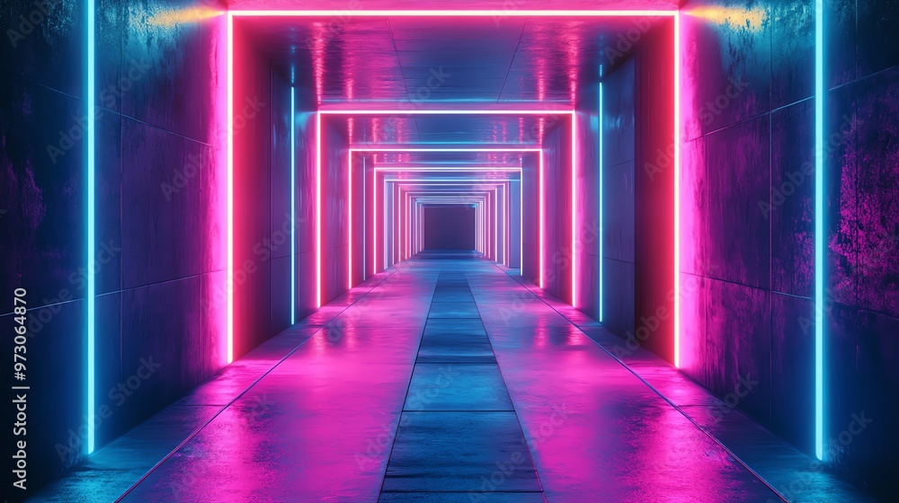 A futuristic hallway with glowing pink and blue neon lights. A futuristic hallway with glowing pink and blue neon lights.
