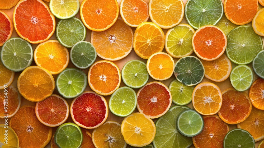 A vibrant assortment of sliced citrus fruits, including oranges, lemons, and limes, arranged in a circular pattern. A vibrant assortment of sliced citrus fruits, including oranges, lemons, and limes, arranged in a circular pattern.
