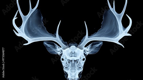 X-ray of a Deer Antlers: X-ray of a deer’s head, focusing on the antlers and skull structure, revealing the bone density and growth patterns. 
