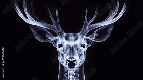 X-ray of a Deer Antlers: X-ray of a deer’s head, focusing on the antlers and skull structure, revealing the bone density and growth patterns. 
