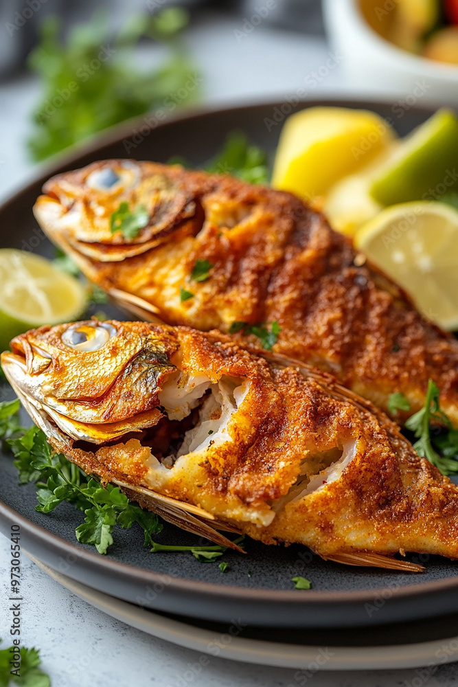 tasty fried fish on a plate with some green Coriander and lemon generated by AI tasty fried fish on a plate with some green Coriander and lemon generated by AI