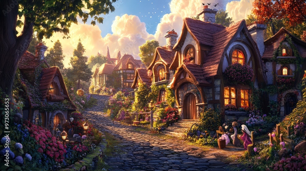 A charming fairy tale village with cobblestone streets, cozy cottages, and magical creatures going about their daily lives. A charming fairy tale village with cobblestone streets, cozy cottages, and magical creatures going about their daily lives.