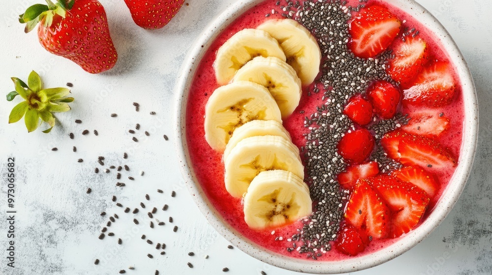 A vibrant fruit smoothie bowl topped with sliced bananas, strawberries, and chia seeds. A vibrant fruit smoothie bowl topped with sliced bananas, strawberries, and chia seeds.