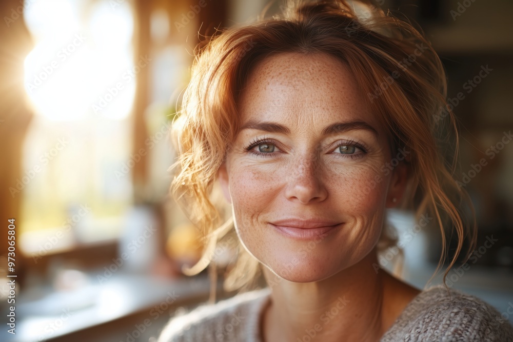 Portrait of a middle-aged woman with red hair and freckles, smiling indoors in warm natural light. Portrait of a middle-aged woman with red hair and freckles, smiling indoors in warm natural light.