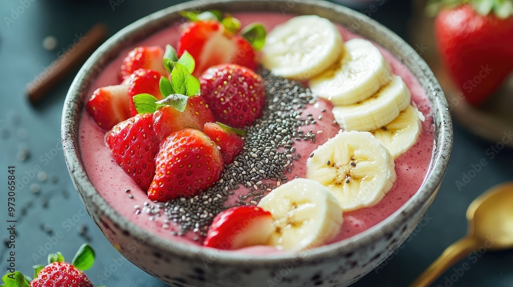 A vibrant fruit smoothie bowl topped with sliced bananas, strawberries, and chia seeds. A vibrant fruit smoothie bowl topped with sliced bananas, strawberries, and chia seeds.