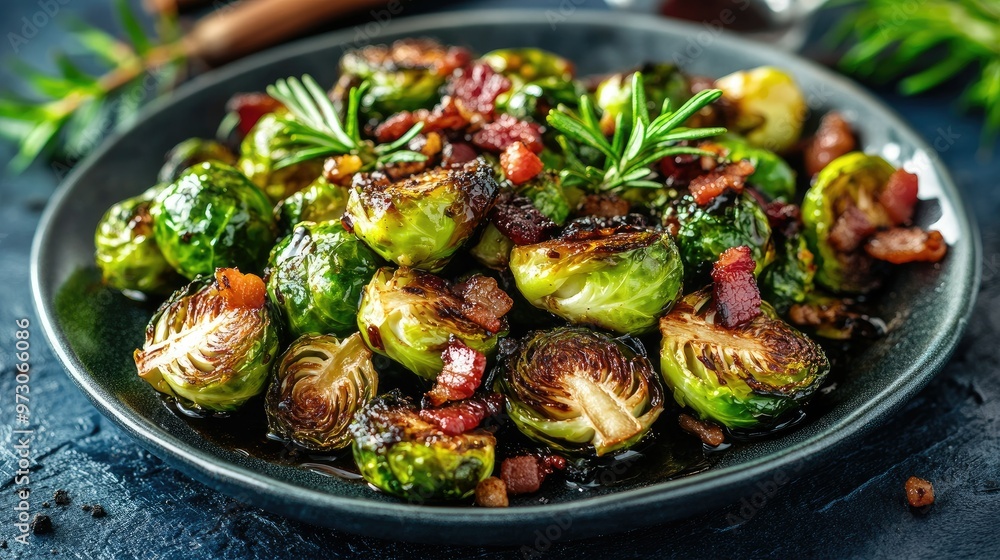 A vibrant plate of roasted Brussels sprouts with balsamic glaze and crispy bacon bits. A vibrant plate of roasted Brussels sprouts with balsamic glaze and crispy bacon bits.