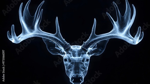 X-ray of a Deer Antlers: X-ray of a deer’s head, focusing on the antlers and skull structure, revealing the bone density and growth patterns. 
