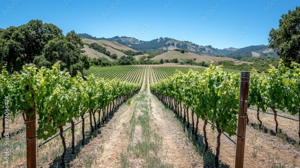 A charming summer backdrop with a picturesque vineyard. Rows of grapevines stretch out under the bright sunlight, A charming summer backdrop with a picturesque vineyard. Rows of grapevines stretch out under the bright sunlight,