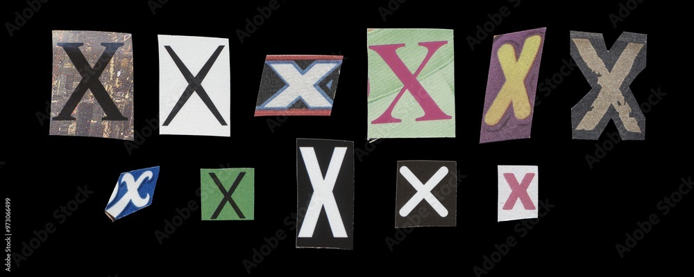 Set of cut-out letter “X” from magazines on a black background, retro y2k style symbols for collage Set of cut-out letter “X” from magazines on a black background, retro y2k style symbols for collage