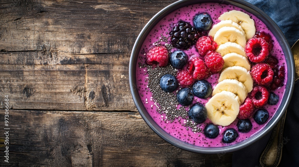 A vibrant smoothie bowl topped with fresh berries, sliced bananas, and chia seeds, placed on a wooden table. A vibrant smoothie bowl topped with fresh berries, sliced bananas, and chia seeds, placed on a wooden table.