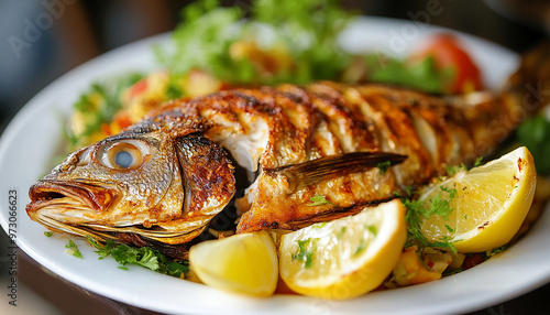 tasty fried fish on a plate with some green Coriander and lemon generated by AI
