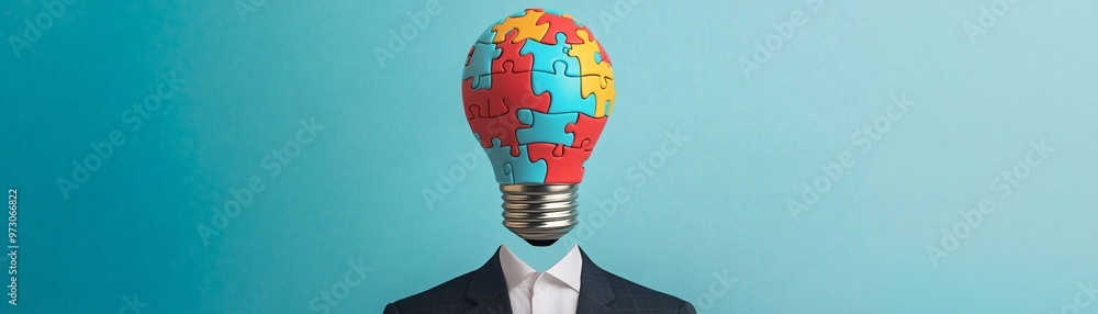 Lightbulb made of puzzle pieces floating above a businessman's head, innovation, creative thinking in business. Lightbulb made of puzzle pieces floating above a businessman's head, innovation, creative thinking in business.