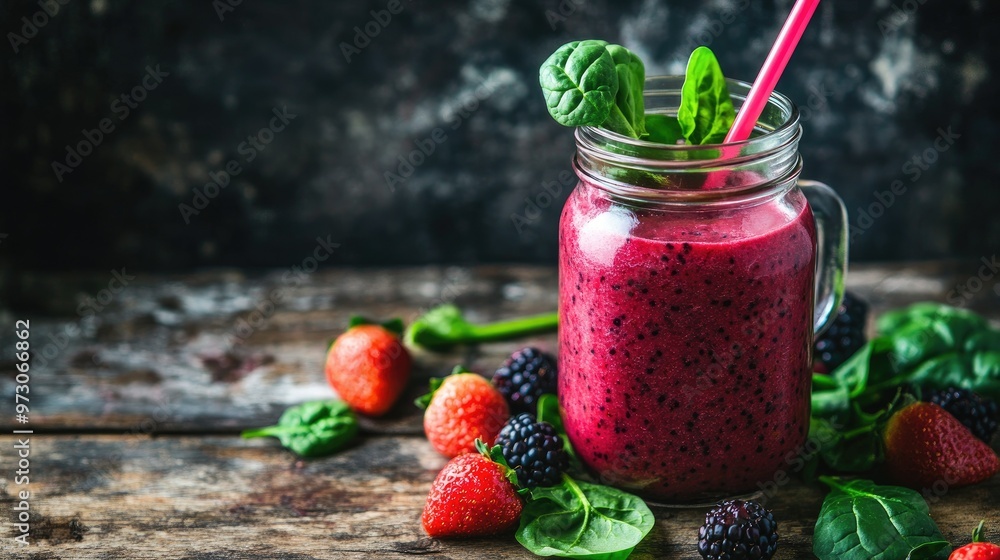 A vibrant smoothie made with fresh berries, spinach, and yogurt, served in a mason jar with a straw, placed on a rustic table. A vibrant smoothie made with fresh berries, spinach, and yogurt, served in a mason jar with a straw, placed on a rustic table.