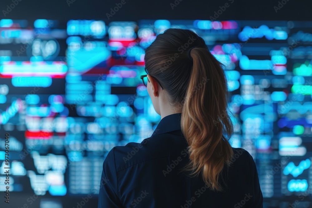 A businesswoman carefully analyzes financial data displayed on large digital screens, representing data analysis, technology, and decision-making. A businesswoman carefully analyzes financial data displayed on large digital screens, representing data analysis, technology, and decision-making.