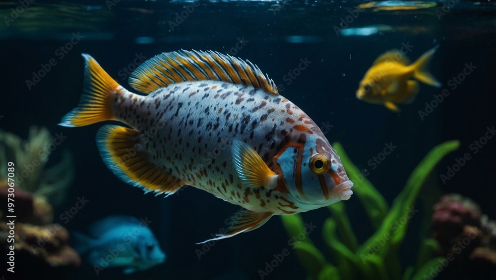 Exotic fish in an aquarium, detailed view against a dark water backdrop. Exotic fish in an aquarium, detailed view against a dark water backdrop.