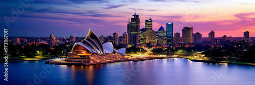 View of Sydney. Sydney Opera House in festive evening illumination. Happy Australia Day. Horizontal banner. Free space for text. Holiday template for poster, greeting card