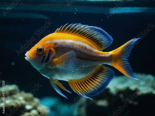 Exotic fish close-up in an aquarium, with dark water as the background.