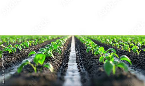 Rows of young green plants growing in freshly tilled soil isolate on transparent background, cutout, png photo