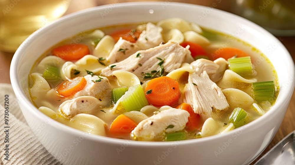A warm bowl of chicken noodle soup with carrots, celery, and tender pieces of chicken. A warm bowl of chicken noodle soup with carrots, celery, and tender pieces of chicken.