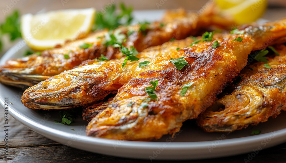 tasty fried fish on a plate with some green Coriander and lemon generated by AI tasty fried fish on a plate with some green Coriander and lemon generated by AI