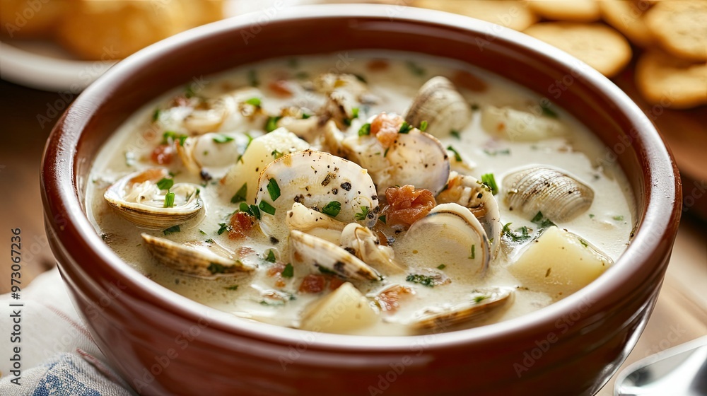 A warm bowl of clam chowder with tender clams, potatoes, and a creamy broth, served with oyster crackers. A warm bowl of clam chowder with tender clams, potatoes, and a creamy broth, served with oyster crackers.