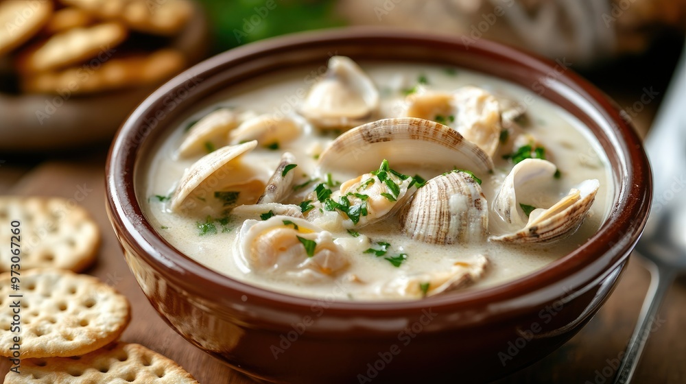 A warm bowl of clam chowder with tender clams, potatoes, and a creamy broth, served with oyster crackers. A warm bowl of clam chowder with tender clams, potatoes, and a creamy broth, served with oyster crackers.