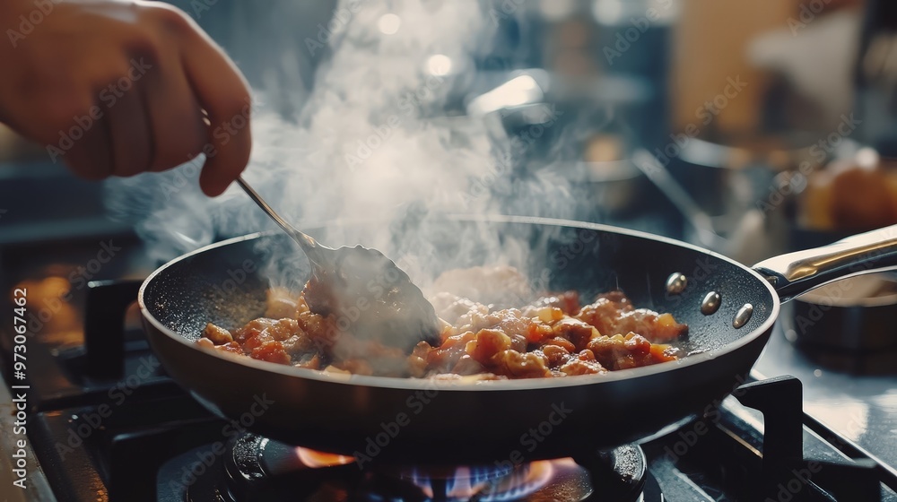 A close-up of a sizzling pan on the stove, with a person adding the finishing touches to a delicious meal, A close-up of a sizzling pan on the stove, with a person adding the finishing touches to a delicious meal,