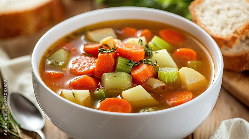 A warm bowl of hearty vegetable soup with chunks of carrots, celery, and potatoes, served with a slice of crusty bread. A warm bowl of hearty vegetable soup with chunks of carrots, celery, and potatoes, served with a slice of crusty bread.