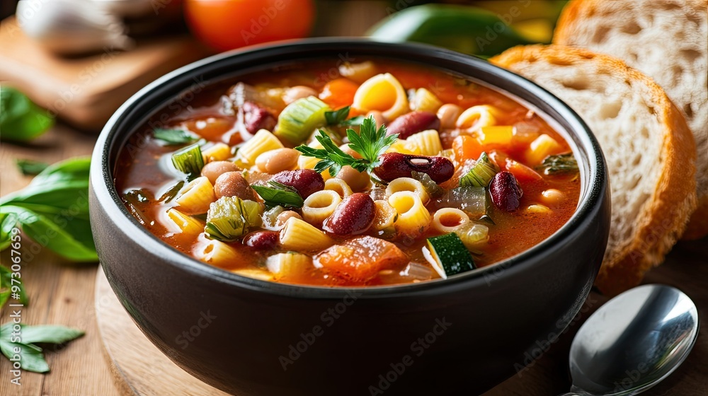 A warm bowl of minestrone soup with a variety of vegetables, beans, and pasta in a tomato broth, served with crusty bread. A warm bowl of minestrone soup with a variety of vegetables, beans, and pasta in a tomato broth, served with crusty bread.