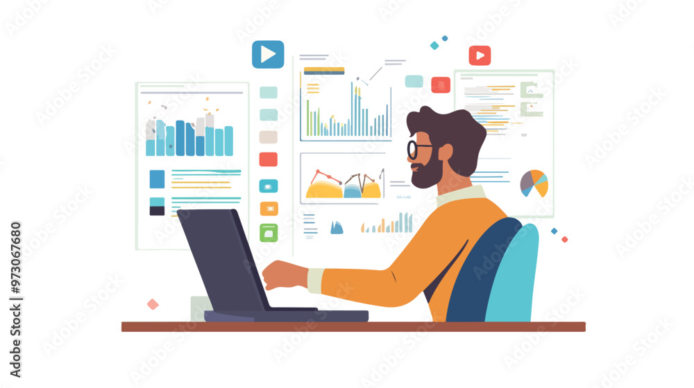 Naklejka premium Building Processes Concept Man at Laptop Analyzing isolated on white background