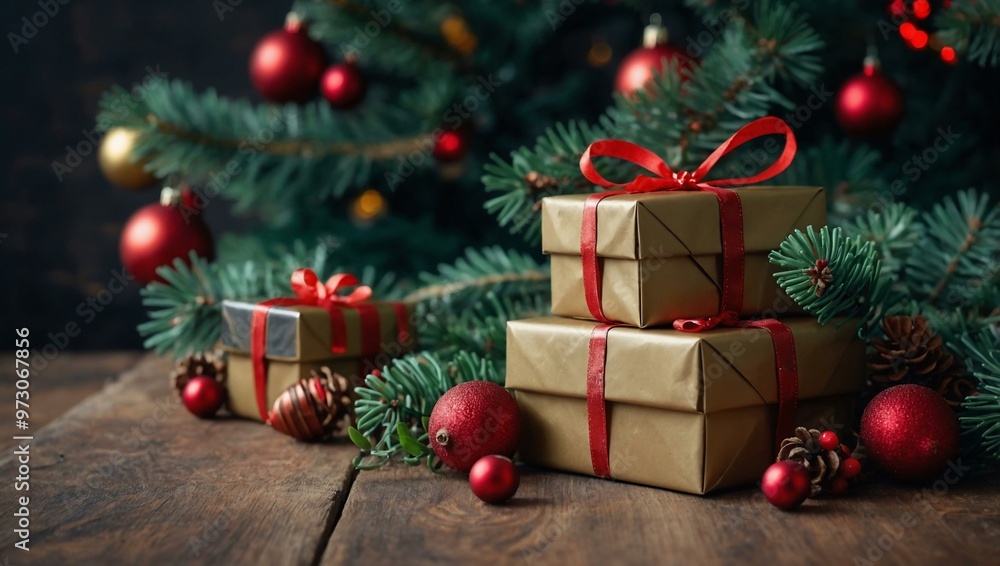 Festive Christmas gifts on a table with pine branches and berries. Festive Christmas gifts on a table with pine branches and berries.