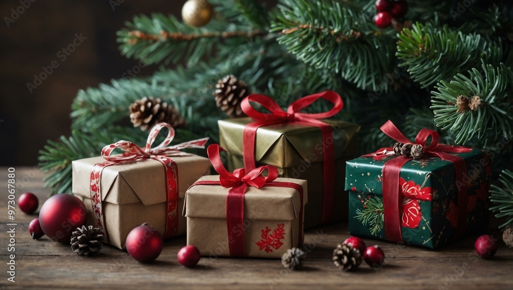 Festive Christmas gifts on a table with pine branches and berries. Festive Christmas gifts on a table with pine branches and berries.