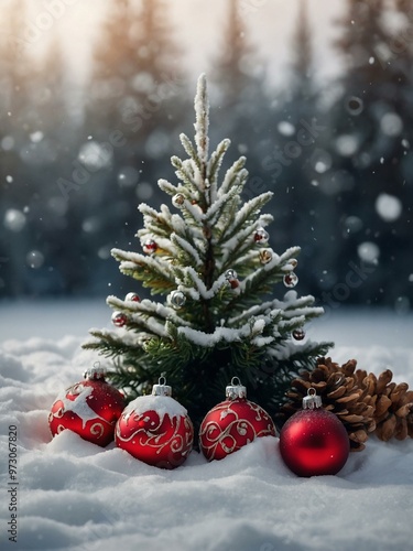 Festive Christmas decorations with fir branches in snow, empty space for text.