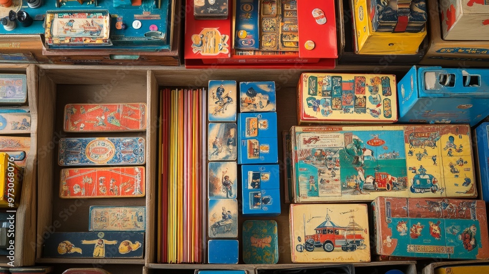 Fototapeta premium A collection of vintage board games and toys, bringing back memories of simpler times and family fun
