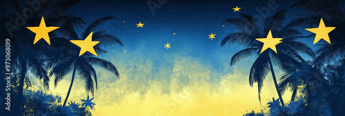 Happy Independence day of Nauru. Palm trees against starry sky. Seascape. Tropical landscape. Horizontal banner. Free space for text. Copy space. Flat illustration. Blue and yellow background photo