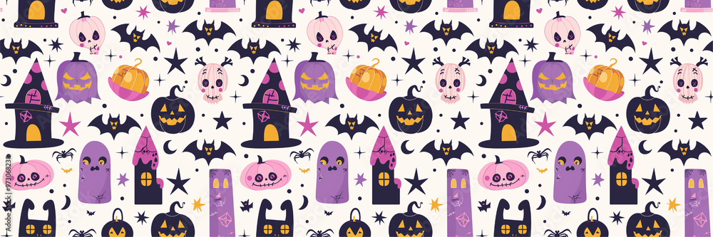 Spooky Halloween Seamless Pattern with Cute Festive Elements and Gothic Theme illustration Spooky Halloween Seamless Pattern with Cute Festive Elements and Gothic Theme illustration