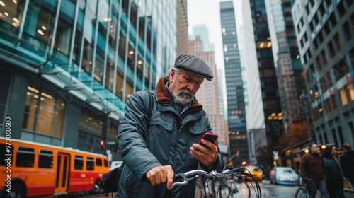 Wallpaper Mural middle aged man looking at his cell phone on a public road on his bicycle Torontodigital.ca