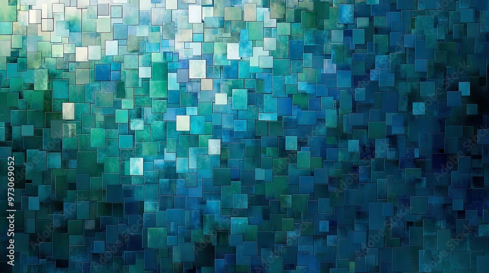 Abstract background with a pixelated effect, featuring small squares in various shades of blue and green. Abstract background with a pixelated effect, featuring small squares in various shades of blue and green.