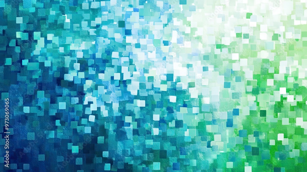 Abstract background with a pixelated effect, featuring small squares in various shades of blue and green. Abstract background with a pixelated effect, featuring small squares in various shades of blue and green.