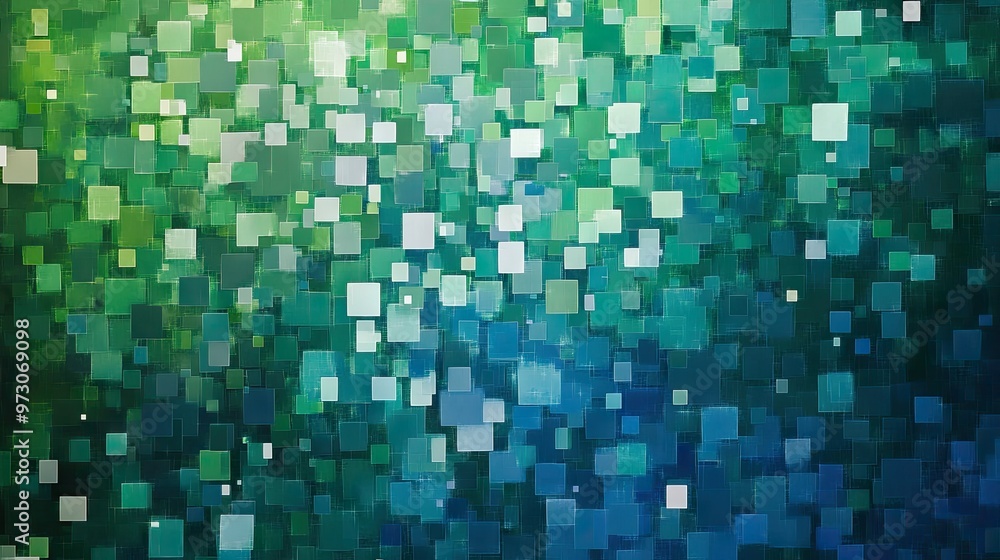 Abstract background with a pixelated effect, featuring small squares in various shades of blue and green. Abstract background with a pixelated effect, featuring small squares in various shades of blue and green.