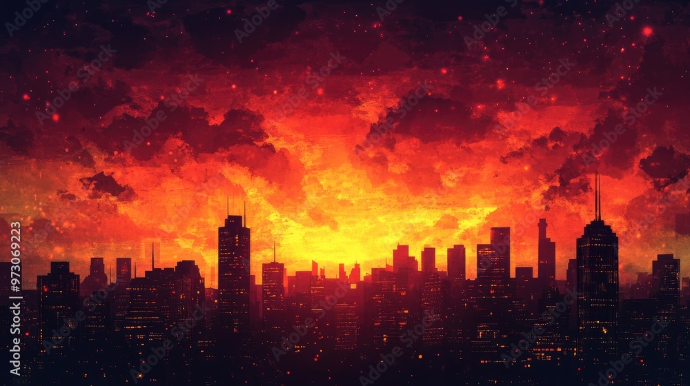 Tower silhouette against a dramatic red sunset, stylized anime cityscape with glowing city lights and artistic sky. Tower silhouette against a dramatic red sunset, stylized anime cityscape with glowing city lights and artistic sky.