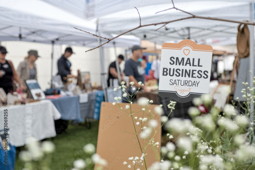 Obraz premium Small Business Saturday Outdoor Market with Vendor Booths and Shoppers Image