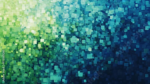 Abstract background with a pixelated effect, featuring small squares in varying shades of blue and green.